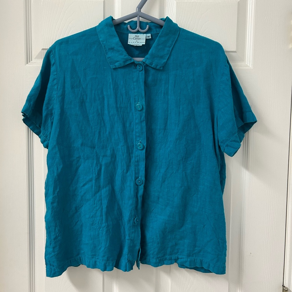 Vintage Hot Cotton Linen Teal Button-Up Women's Top SZ Medium